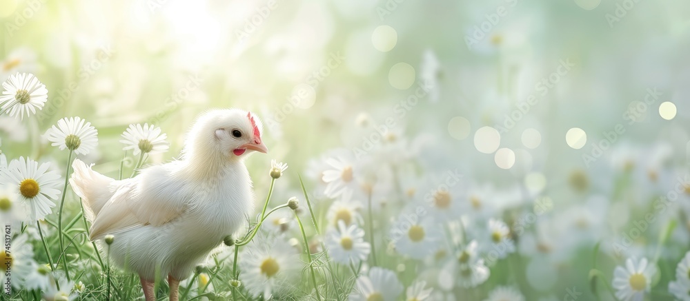 A white chicken stands among a field of daisies, surrounded by delicate Easter springs and a gentle chamomile background. The chicken appears playful and curious, pecking at the ground. A white chicken stands among a field of daisies, surrounded by delicate Easter springs and a gentle chamomile background. The chicken appears playful and curious, pecking at the ground.