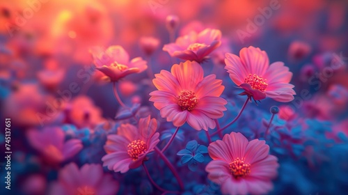 Na zdjęciu widać wiele różowych kwiatów z niebieskimi liśćmi