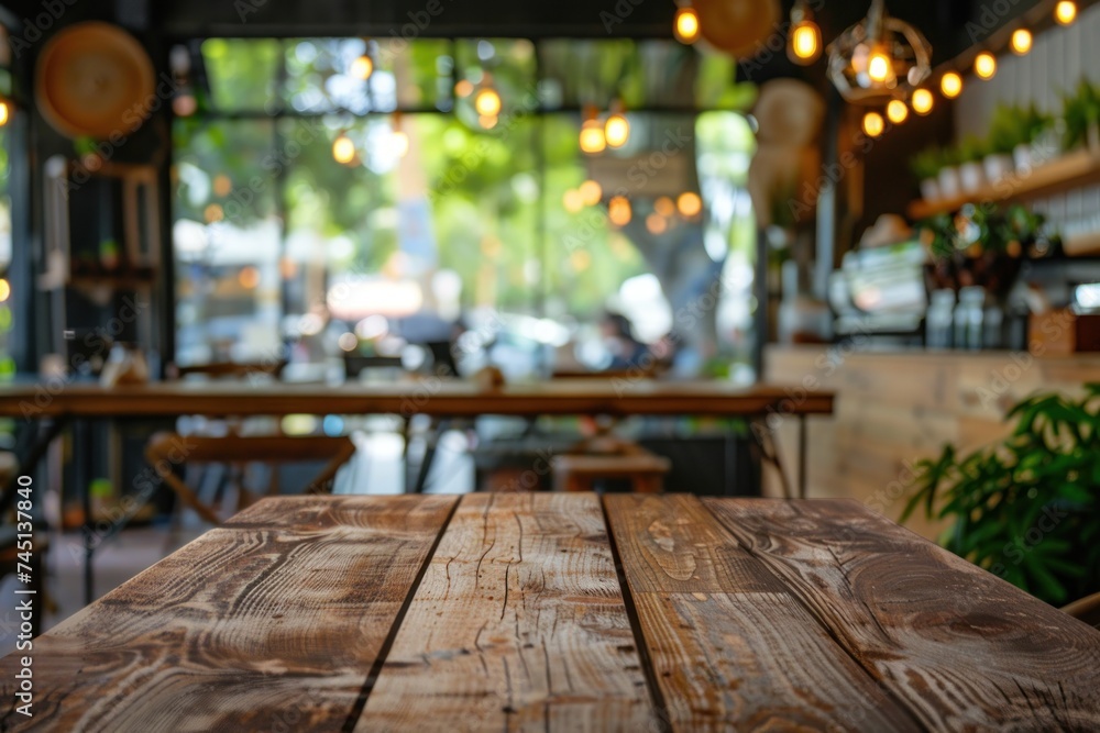 Empty wood table with blurred coffee shop background 
