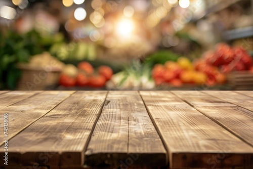 Empty wooden table with blurred fresh vegetables shop background --ar 3:2 --v 6 Job ID: f1bb224f-c650-4bcd-9f20-75fa4e27707b photo