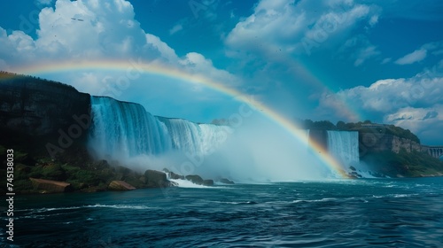 Delicate rainbows arch over thundering waterfalls, a breathtaking union of power and beauty.