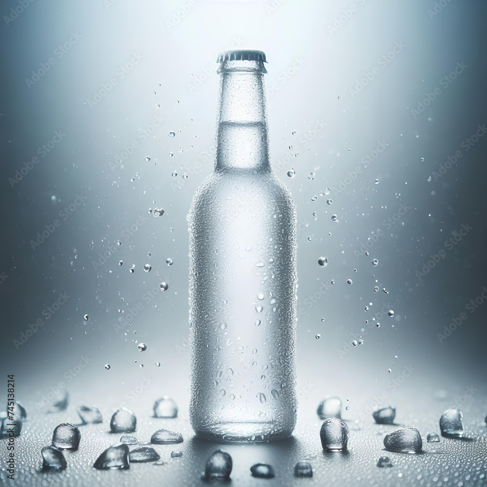 cold vodka glass bottle with large drops of condensation on them on white background