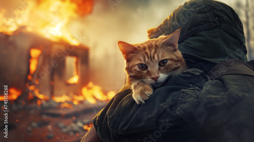 Kitty cat nestled in the arms of a rescuer amidst a backdrop of a burning house, conveying urgency and compassion in the face of adversity