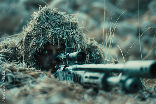sniper soldier wearing ghillie suit laying on ground hiding with sniper gun photo