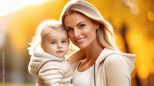Beautiful young woman wth child baby daughter blonde hair walking outside smiling cheerful happy mother's day smiling photo