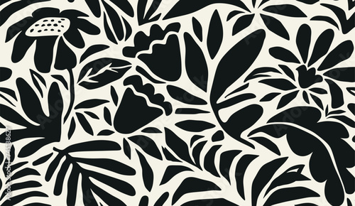 Abstract shape leaf and flower organic seamless pattern. black floral leaves geometric pattern on white background. leaves silhouette summer pattern modern vector style. © dwi