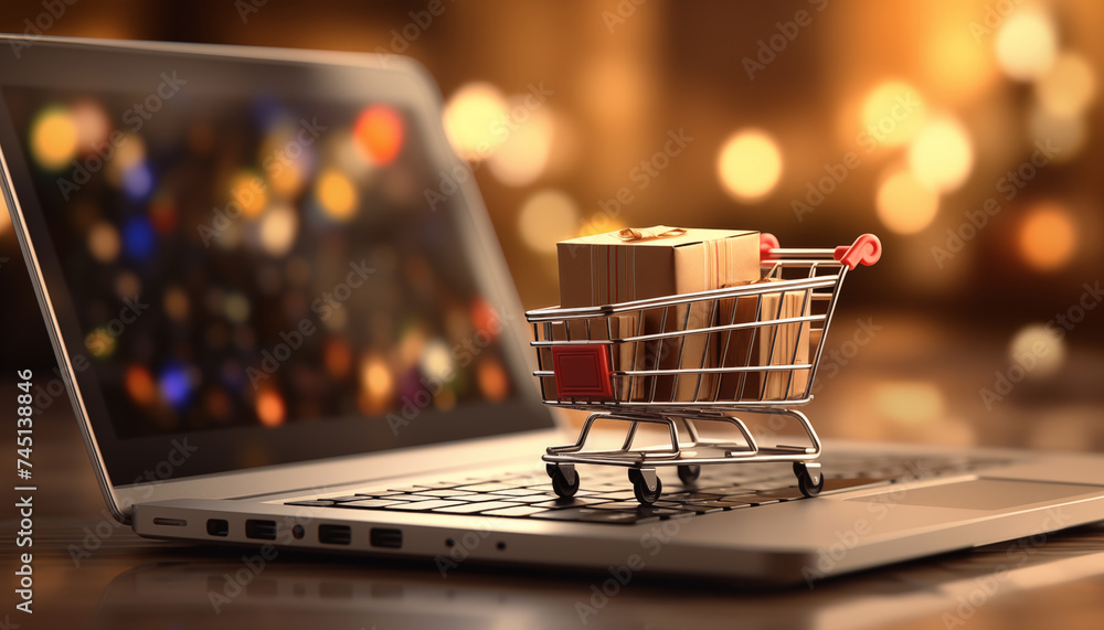 online shopping concept with shopping cart with boxes on blurred laptop background. 