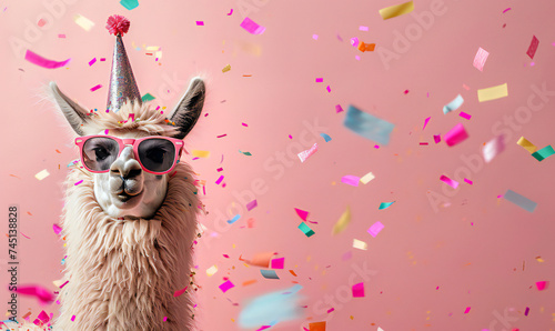 Funny pink llama alpaca in sunglasses and birthday cap with confetti flying all around on pastel pink background. Birthday card concept.