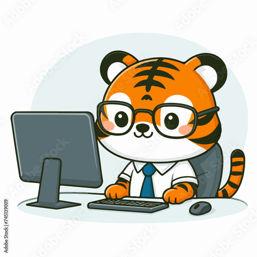 Flat design illustration of a tiger wearing glasses working on a computer in the animal-tech concept