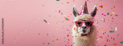 Funny pink llama alpaca in sunglasses and birthday cap with confetti flying all around on pastel pink background. Birthday card concept. photo