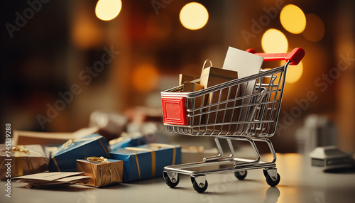 online shopping concept with shopping cart with boxes on blurred background. 