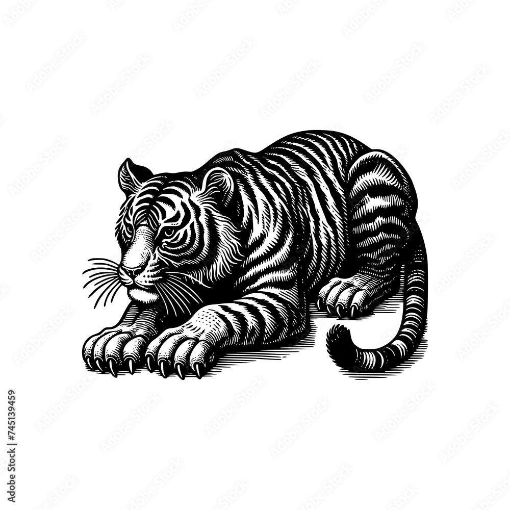 tiger crawling in ground searching for pray hunting predator hand drawn art style vector illustration