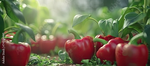 A cluster of vibrant red bell peppers can be seen in various stages of growth in a sunlit field. The plants are thriving, displaying healthy green stems and leaves alongside the ripening peppers.