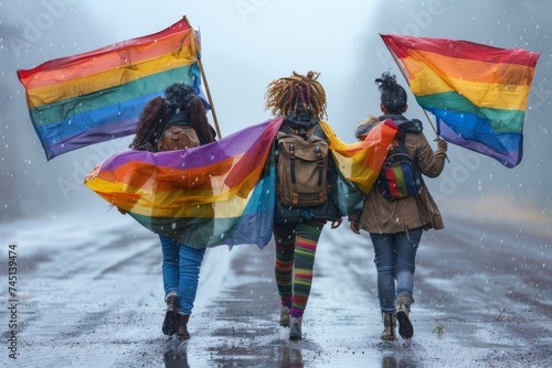 LGBTQ Pride originality. Rainbow forest green colorful solidarity diversity Flag. Gradient motley colored stilt walkers LGBT rights parade festival courageous self esteem diverse gender illustration photo