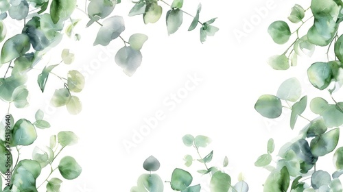 Herbal eucalyptus leaves frame isolated on a white background, Greenery wedding simple minimalist invitation, Watercolor style card 