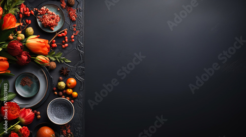 dark background There is space for placing food products. The idea of combining products with a beautiful background.