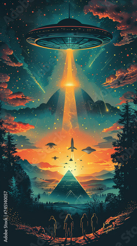 Extraterrestrial Enigma: UFO and Pyramid Illustration - Mystical Encounters, Ancient Mysteries photo