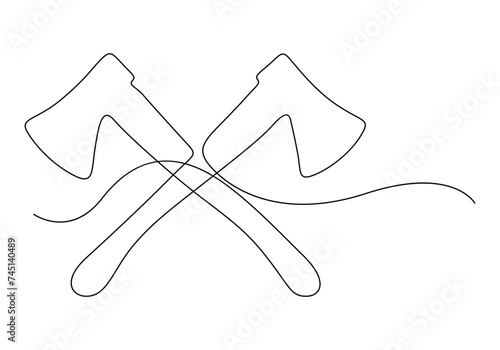 Continuous one line drawing of axe carpentry tool. Two axes crossed vector illustration. Pro vector photo