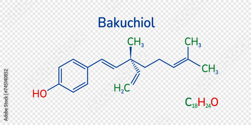 Bakuchiol chemical formula vector illustration. Meroterpene skeletal structure . A natural alternative to retinol molecule image and text. Can use for medical, cosmetic and scientific designs.