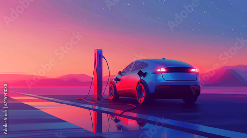 car at sunset charging electric