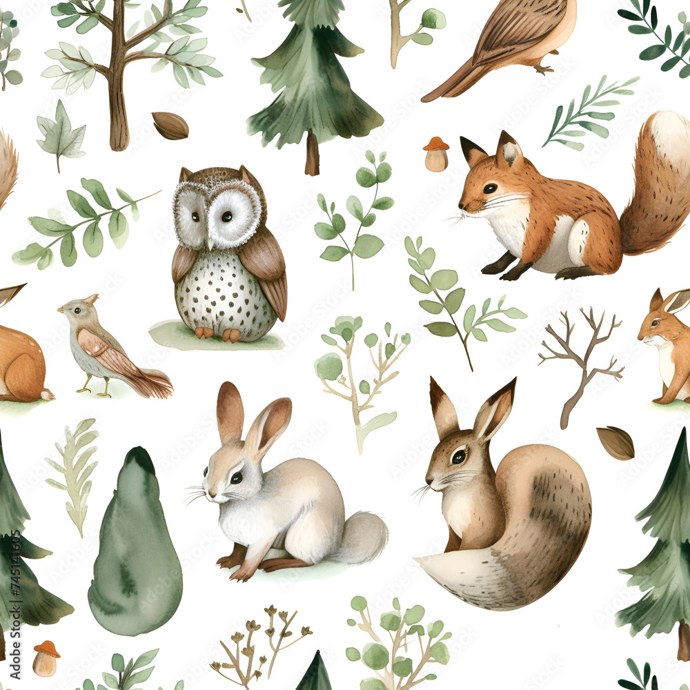 Fototapeta premium Watercolor pattern with unusual fairy forest hybrids animals on white background. Children's rooms wallpapers. Design for clothes, apparel printing, poster or cover. AI Generative