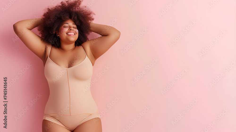 Body positivity, happy smiling plus size model in flesh color underwear on pink background, copy space for text. Generative AI - obrazy, fototapety, plakaty 