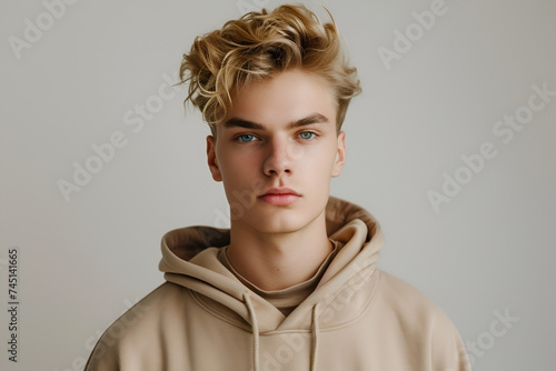 Male young model in beige blank hoodie on gray background. Clothes mockup. AI Generative. Space for design, print and showcasing.