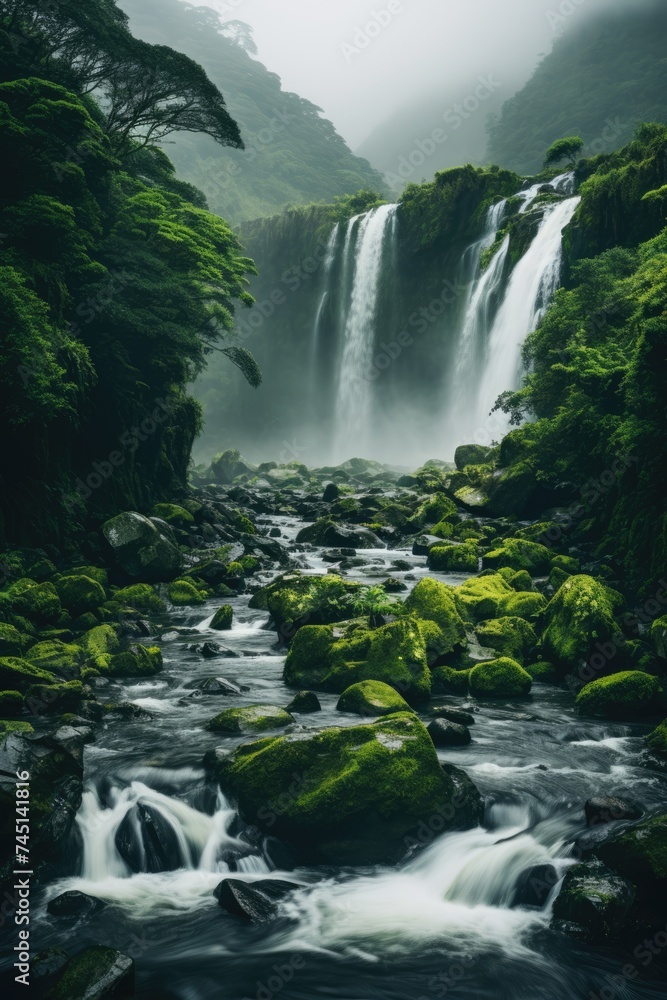 Fototapeta premium a gentle waterfall cascading through lush greenery, creating a serene and calming atmosphere