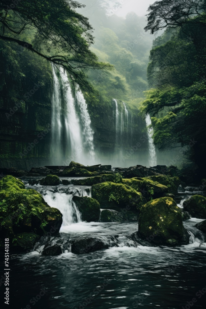 a gentle waterfall cascading through lush greenery, creating a serene and calming atmosphere