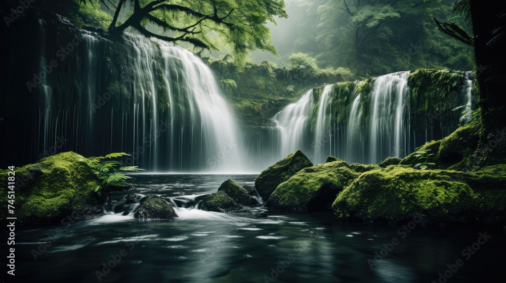 a gentle waterfall cascading through lush greenery, creating a serene and calming atmosphere - obrazy, fototapety, plakaty 