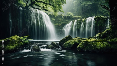 a gentle waterfall cascading through lush greenery, creating a serene and calming atmosphere
