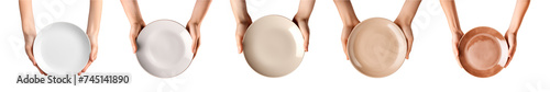 Collection of hand holds empty plate on transparent background, top view