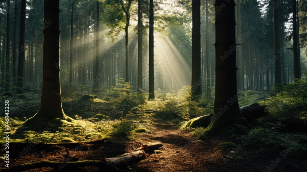 A dense forest bathed in soft sunlight, evoking a feeling of tranquility as the trees seem to share nature's secrets