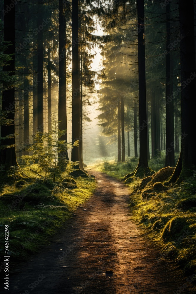 A dense forest bathed in soft sunlight, evoking a feeling of tranquility as the trees seem to share nature's secrets A dense forest bathed in soft sunlight, evoking a feeling of tranquility as the trees seem to share nature's secrets