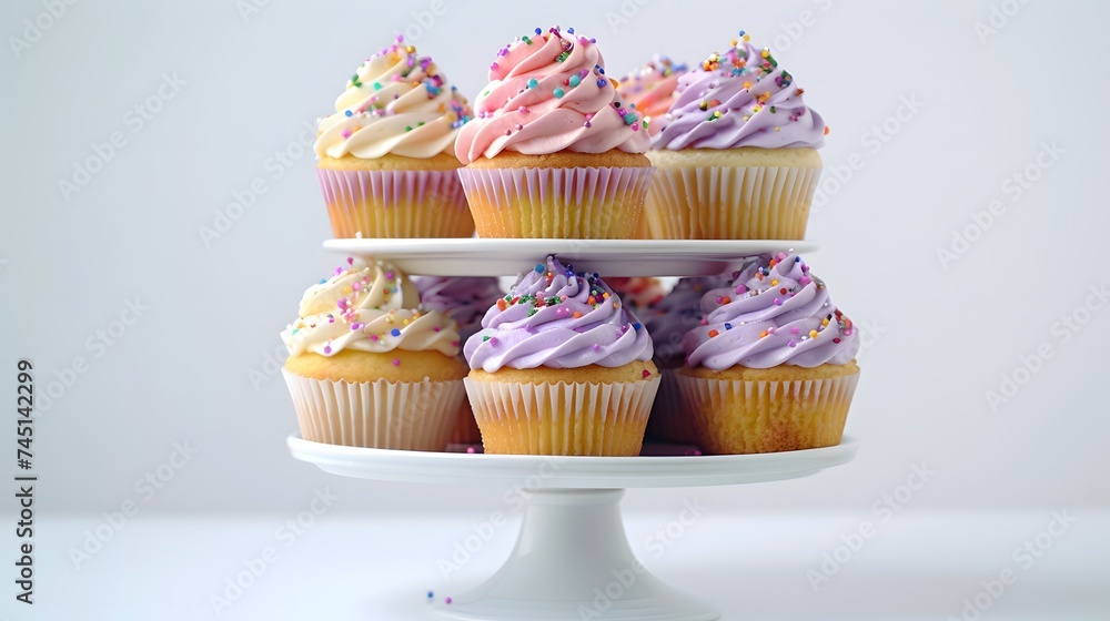 A high-definition image of Easter cupcakes with vibrant frosting and sprinkles on a tiered stand against a pure white background