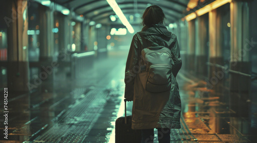 person walking in subway with suitcase