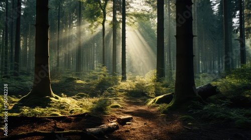 A dense forest bathed in soft sunlight  evoking a feeling of tranquility as the trees seem to share nature s secrets