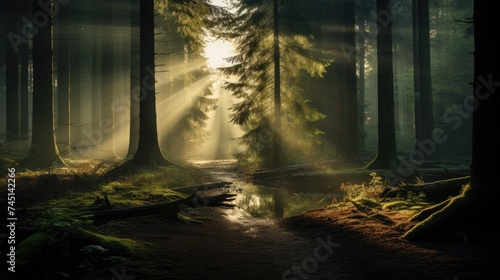 A dense forest bathed in soft sunlight  evoking a feeling of tranquility as the trees seem to share nature s secrets