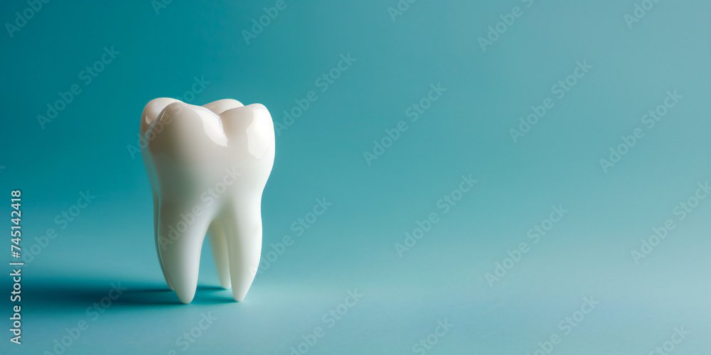 A miniature model of a white tooth on a blue pastel background. Banner for dental hygiene, healthy teeth and proper brushing. A miniature model of a white tooth on a blue pastel background. Banner for dental hygiene, healthy teeth and proper brushing.