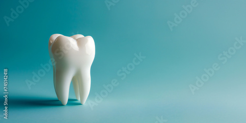 A miniature model of a white tooth on a blue pastel background. Banner for dental hygiene  healthy teeth and proper brushing.