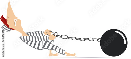 Prisoner with an iron ball chained to his foot. 
Cartoon prisoner pulls an iron ball chained to his foot. Isolated on white background
