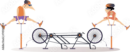 Man and woman inflating the wheel on the tandem bike. Broken tandem bike. Cyclist man cyclist woman inflating the wheel on the tandem bike. Sportsperson repairs the bicycle