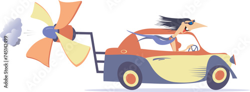 Woman rides a car with propeller. Ecologically clean transport.Smiling young woman rides on an ecologically clean urban vehicle tries to ride faster using a propeller. Isolated on white background