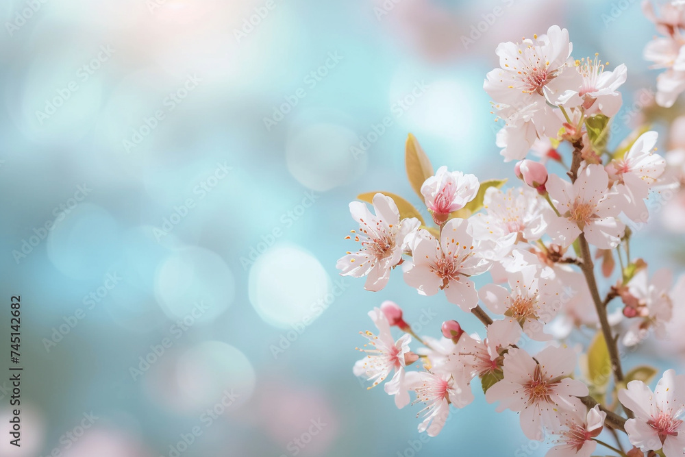 Spring blurred background , blooming flowers. Copy space. generative AI