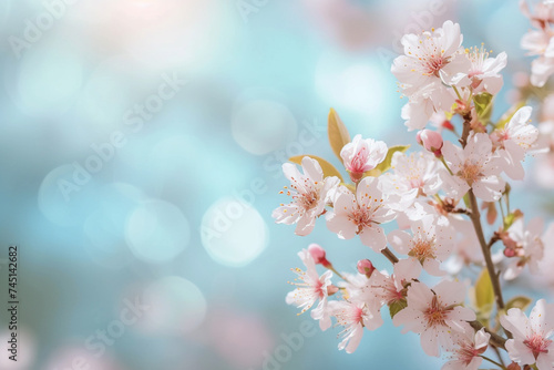 Spring blurred background , blooming flowers. Copy space. generative AI