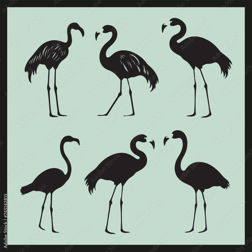 Flamingo black silhouette set vector, set of flamingos