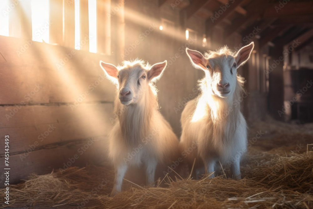Fototapeta premium Serene Goats in Straw-Filled Barn with Sun Rays.