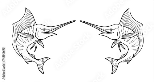Funny swordfish to color in. Vector template for a coloring book with fish. Coloring template for kids.	