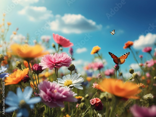 Meadow of flowers with butterflies, spring summer flower field, grass, nature © Anna