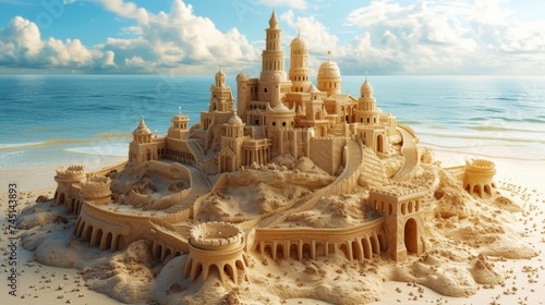 a mesmerizingly detailed sand castle boasting fantasy-inspired features and intricate finishes, a true testament to imagination. ai generated